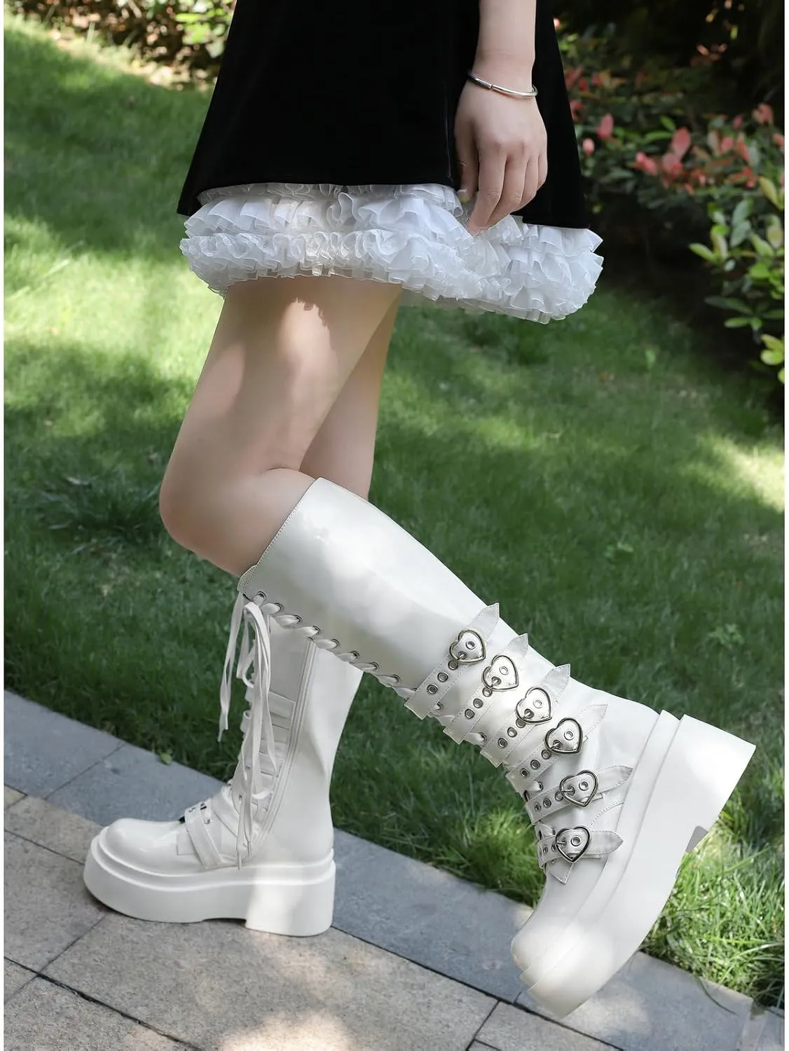 Parisuit Women's Knee High Goth Platform Buckle Boots Chunky High Heel Lace Up Punk Combat Boots with Chain