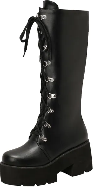 Parisuit Women's Knee High Goth Platform Buckle Boots Chunky High Heel Lace Up Punk Combat Boots with Chain