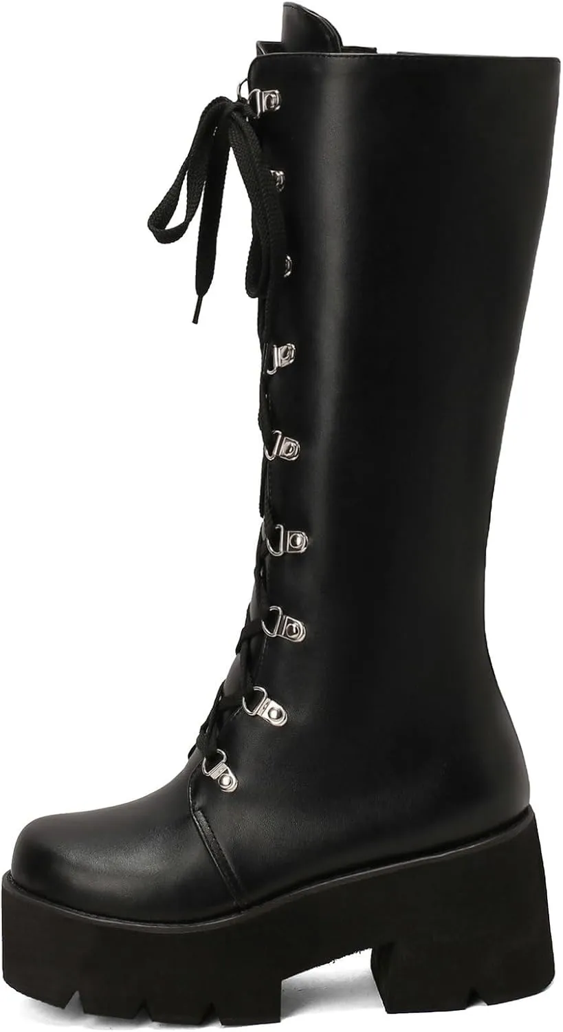 Parisuit Women's Knee High Goth Platform Buckle Boots Chunky High Heel Lace Up Punk Combat Boots with Chain