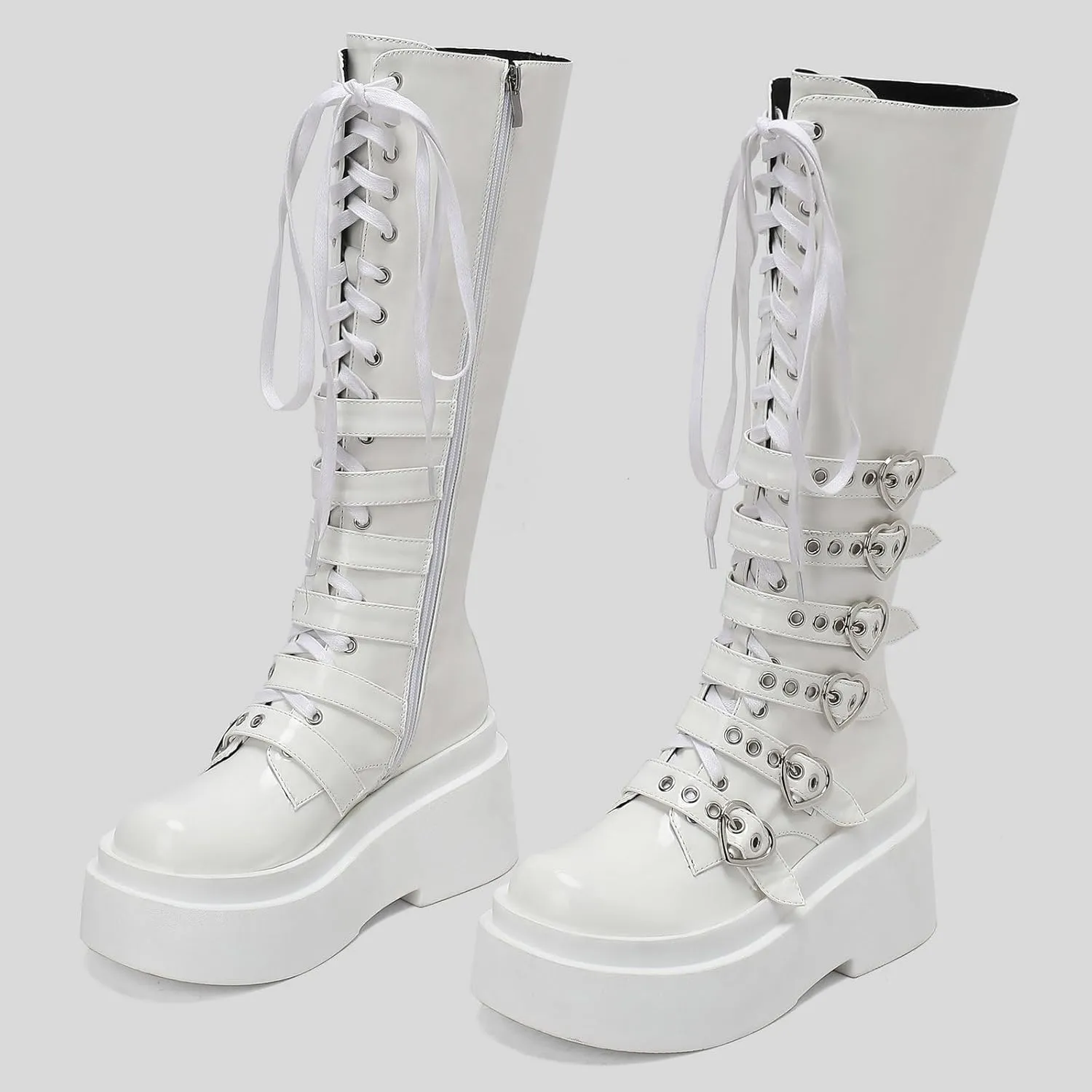 Parisuit Women's Knee High Goth Platform Buckle Boots Chunky High Heel Lace Up Punk Combat Boots with Chain
