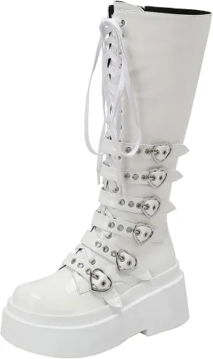 Parisuit Women's Knee High Goth Platform Buckle Boots Chunky High Heel Lace Up Punk Combat Boots with Chain