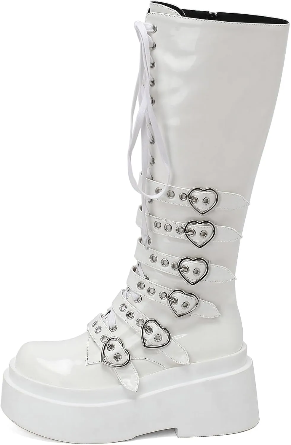 Parisuit Women's Knee High Goth Platform Buckle Boots Chunky High Heel Lace Up Punk Combat Boots with Chain