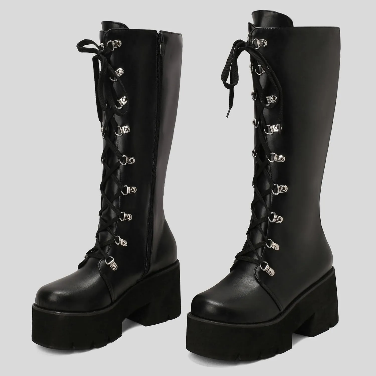 Parisuit Women's Knee High Goth Platform Buckle Boots Chunky High Heel Lace Up Punk Combat Boots with Chain