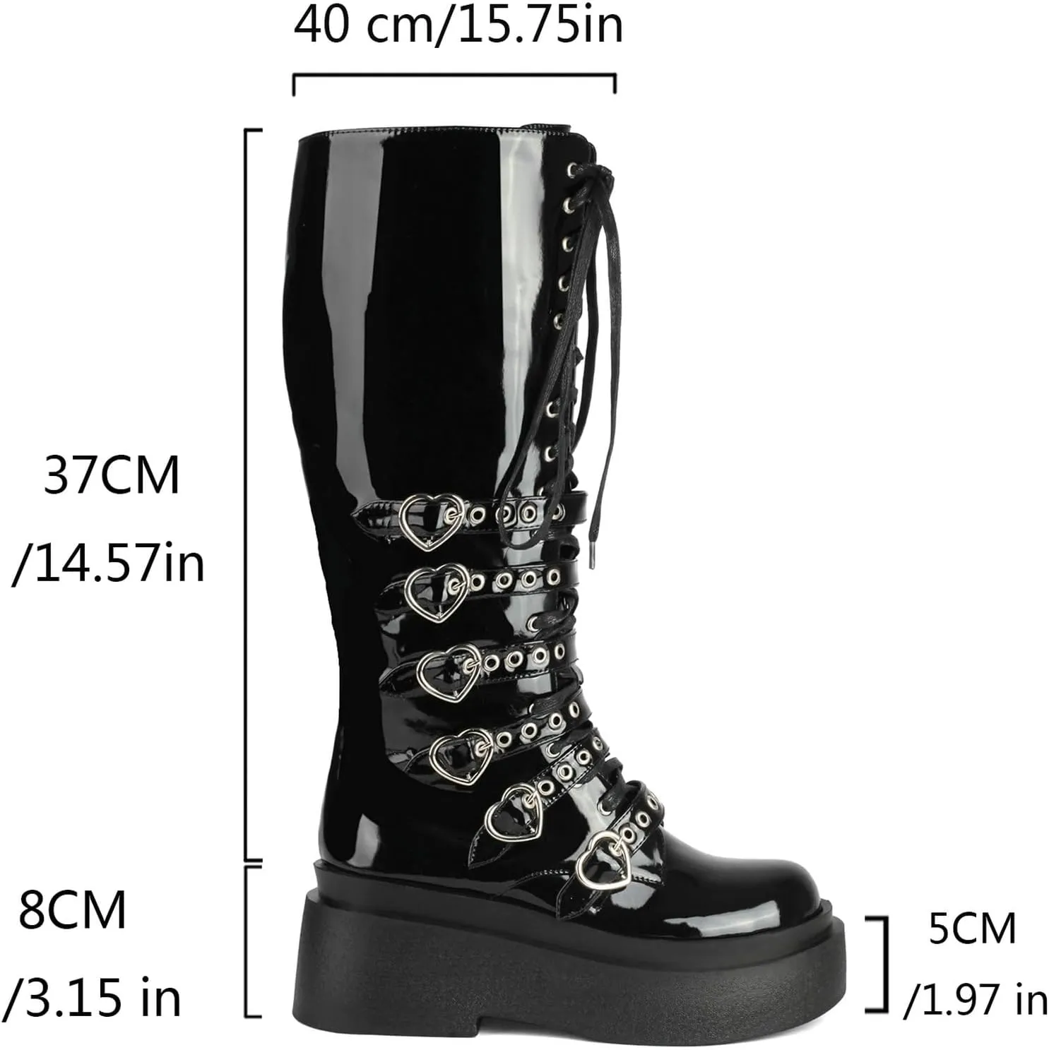 Parisuit Women's Knee High Goth Platform Buckle Boots Chunky High Heel Lace Up Punk Combat Boots with Chain