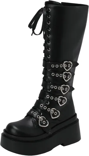 Parisuit Women's Knee High Goth Platform Buckle Boots Chunky High Heel Lace Up Punk Combat Boots with Chain