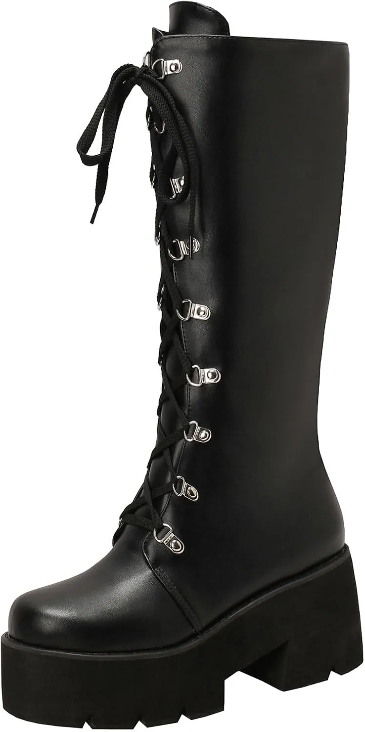 Parisuit Women's Knee High Goth Platform Buckle Boots Chunky High Heel Lace Up Punk Combat Boots with Chain