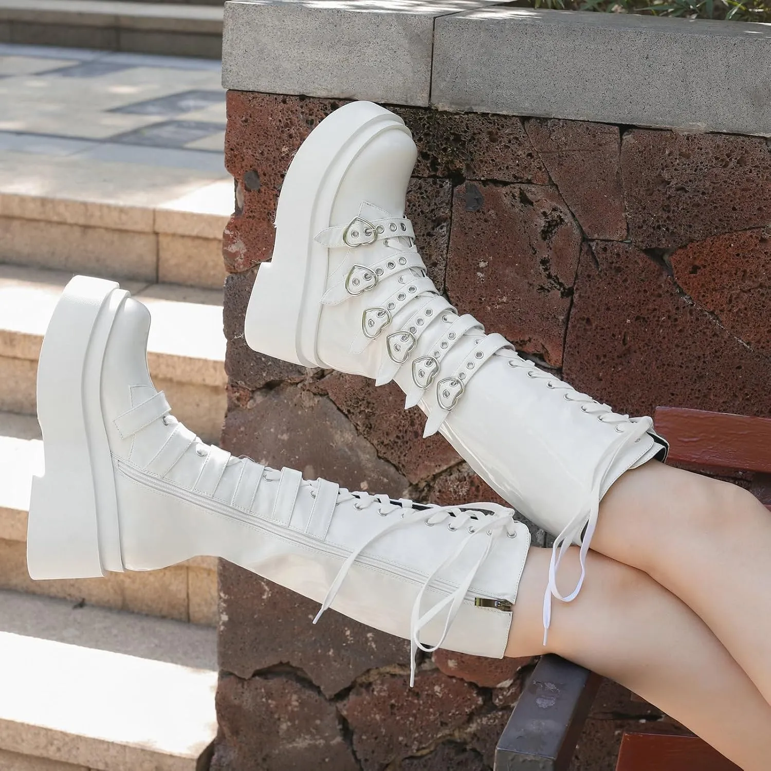 Parisuit Women's Knee High Goth Platform Buckle Boots Chunky High Heel Lace Up Punk Combat Boots with Chain