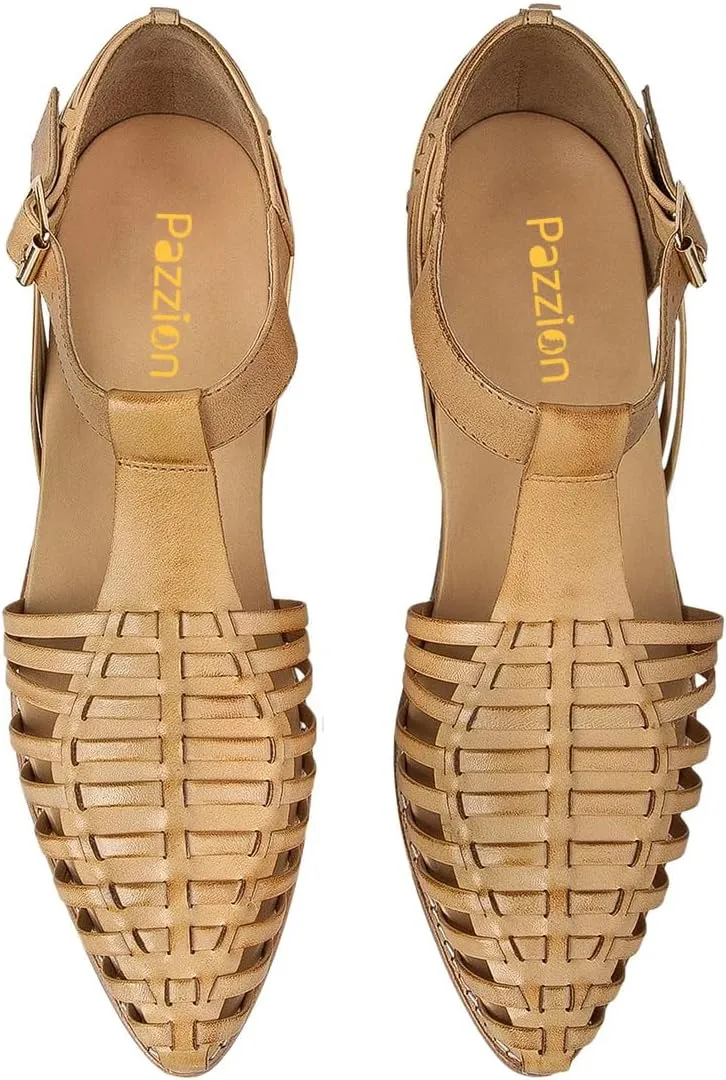 Pazzion Women Closed Toe Low Stacked Heel Sandals Cage Toe Ankle T-Strap Buckle Flats Summer Beach Walk Shoes Size 4-16 US