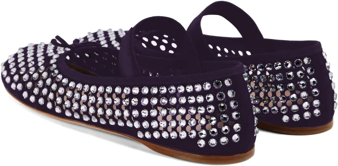 Pazzion Women's Crystals Studs Round Toe Mary Jane Flats Bows Slip On Single Strap Cutout Ballet Shoes Dancing Prom Daily Size 4-16 US