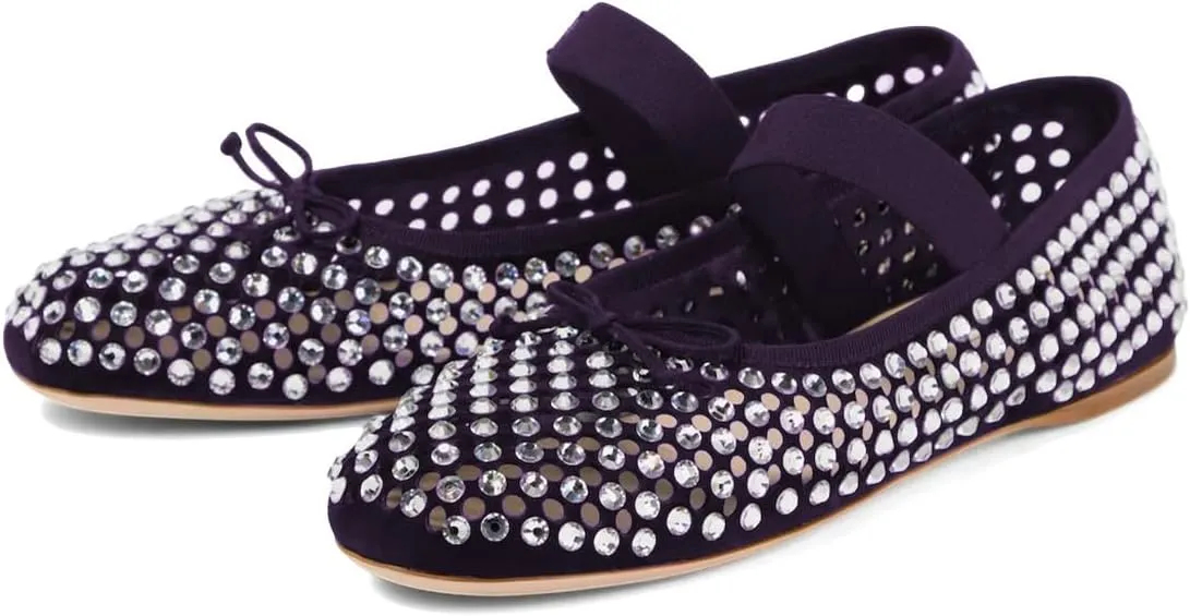 Pazzion Women's Crystals Studs Round Toe Mary Jane Flats Bows Slip On Single Strap Cutout Ballet Shoes Dancing Prom Daily Size 4-16 US