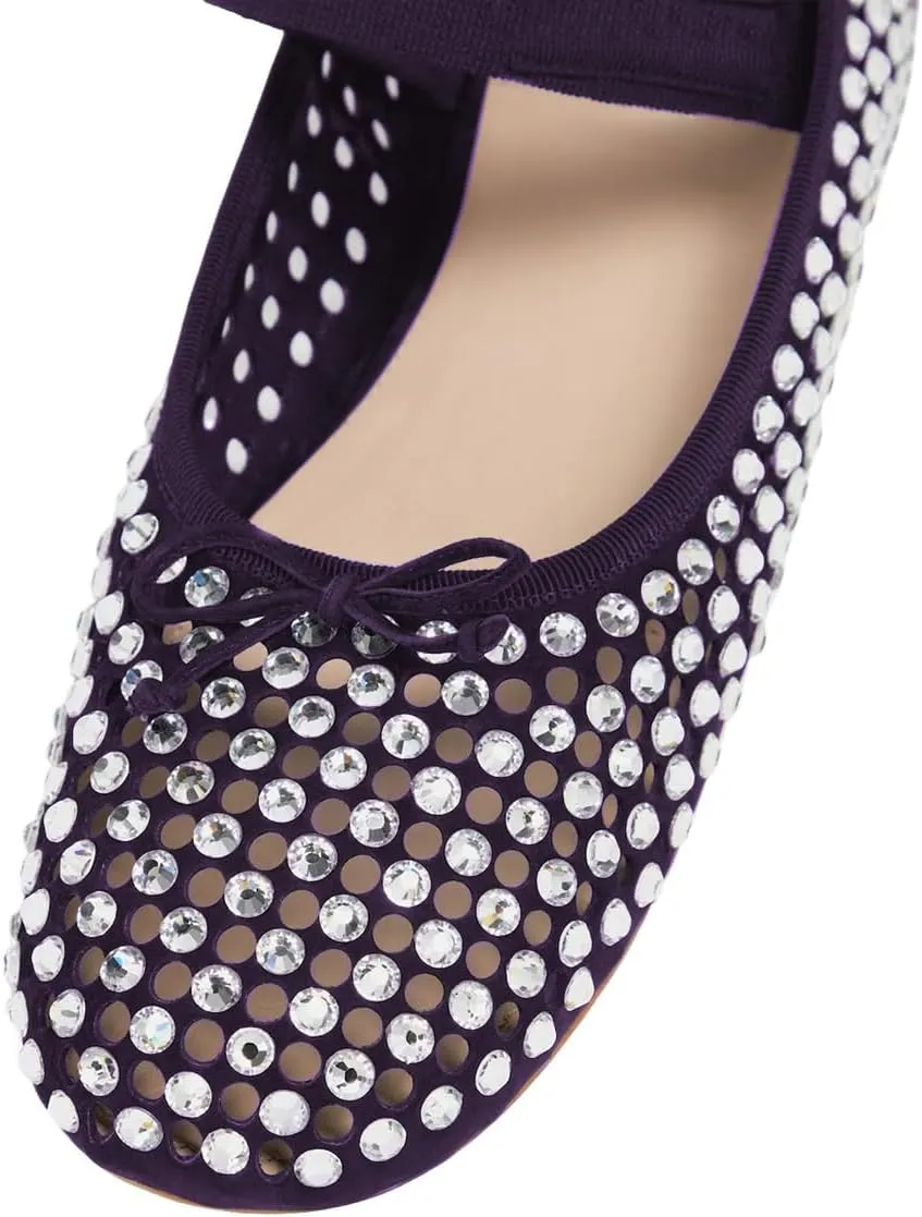 Pazzion Women's Crystals Studs Round Toe Mary Jane Flats Bows Slip On Single Strap Cutout Ballet Shoes Dancing Prom Daily Size 4-16 US