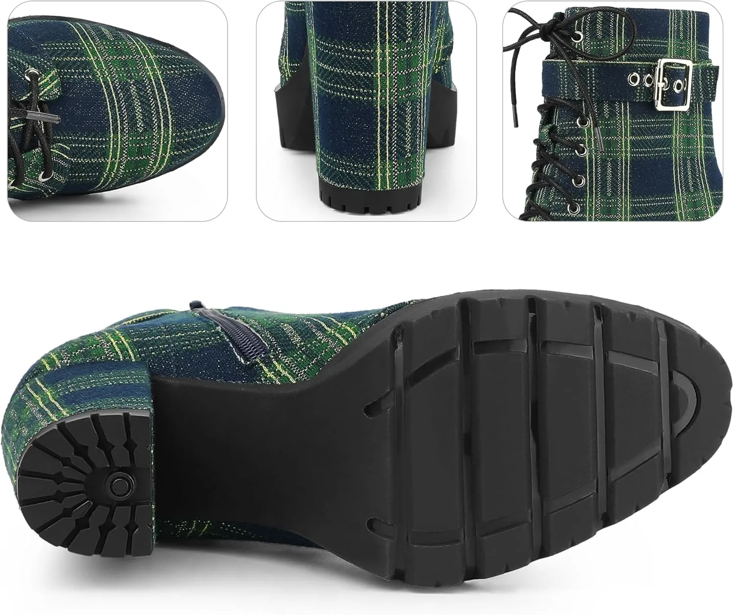 Perphy Platform Lace Up Chunky Heel Plaid Printed Ankle Combat Boots for Women