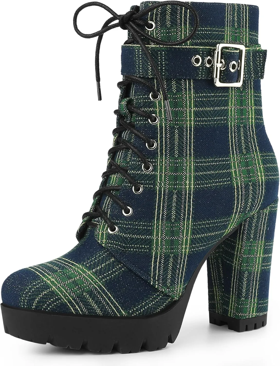 Perphy Platform Lace Up Chunky Heel Plaid Printed Ankle Combat Boots for Women