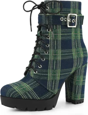 Perphy Platform Lace Up Chunky Heel Plaid Printed Ankle Combat Boots for Women