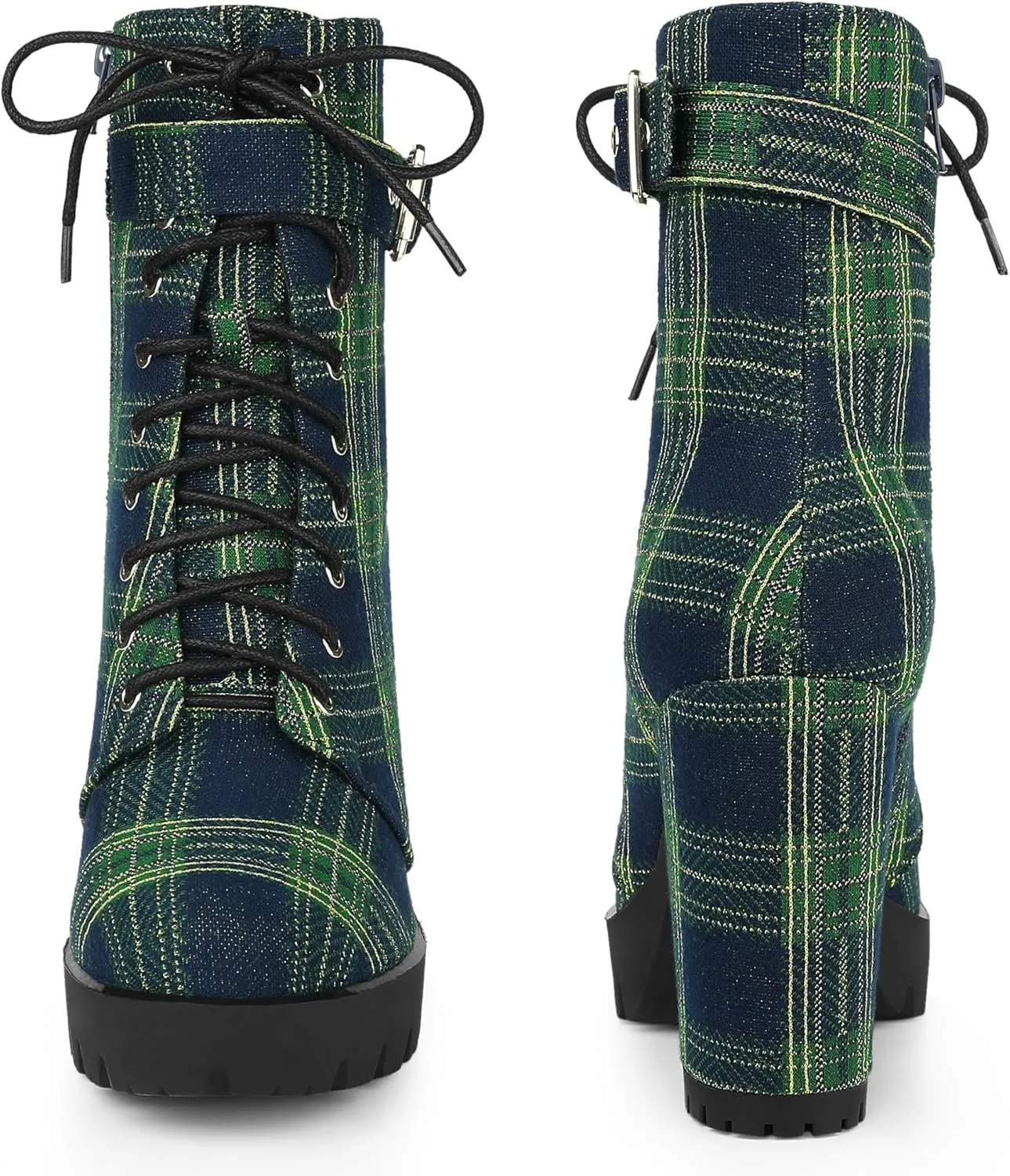 Perphy Platform Lace Up Chunky Heel Plaid Printed Ankle Combat Boots for Women
