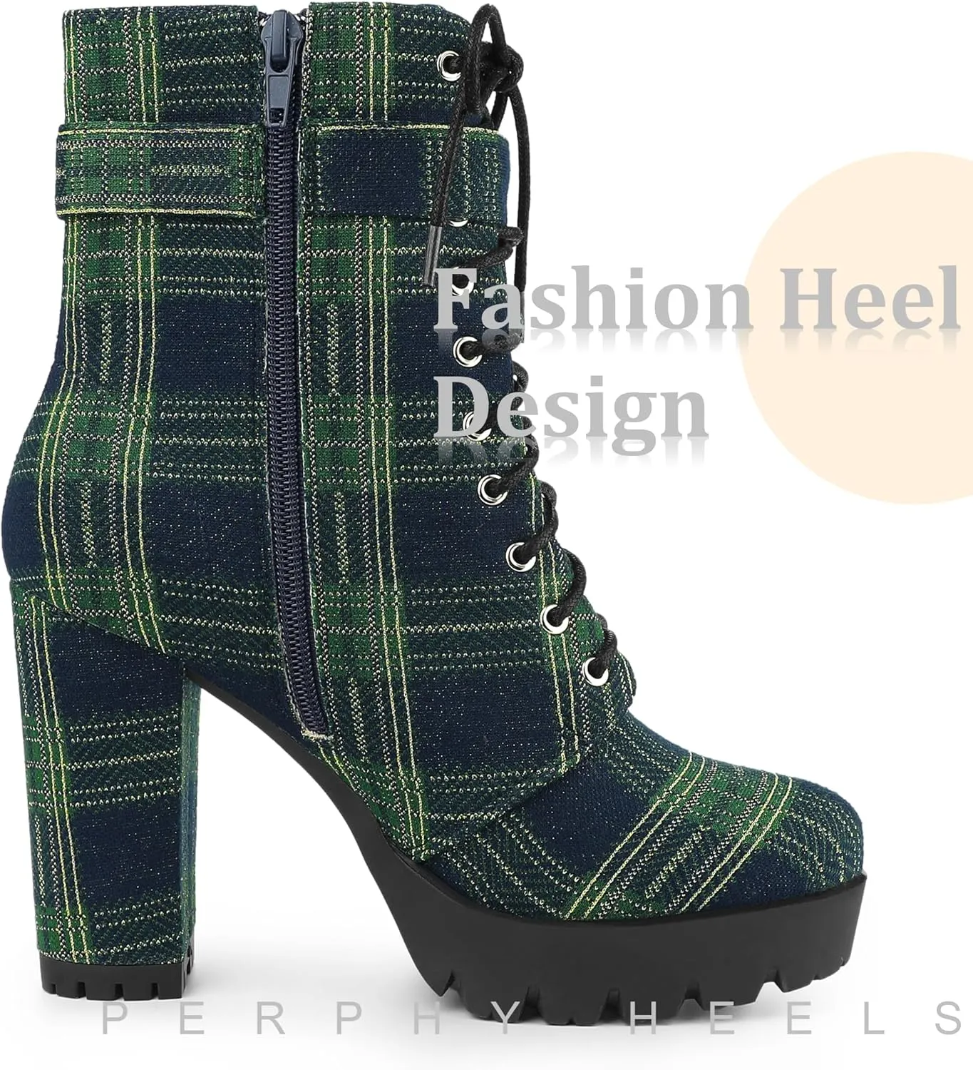 Perphy Platform Lace Up Chunky Heel Plaid Printed Ankle Combat Boots for Women