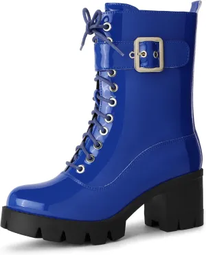 Perphy Platform Lace Up Round Toe Chunky Heel Combat Boots for Women