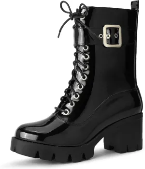 Perphy Platform Lace Up Round Toe Chunky Heel Combat Boots for Women