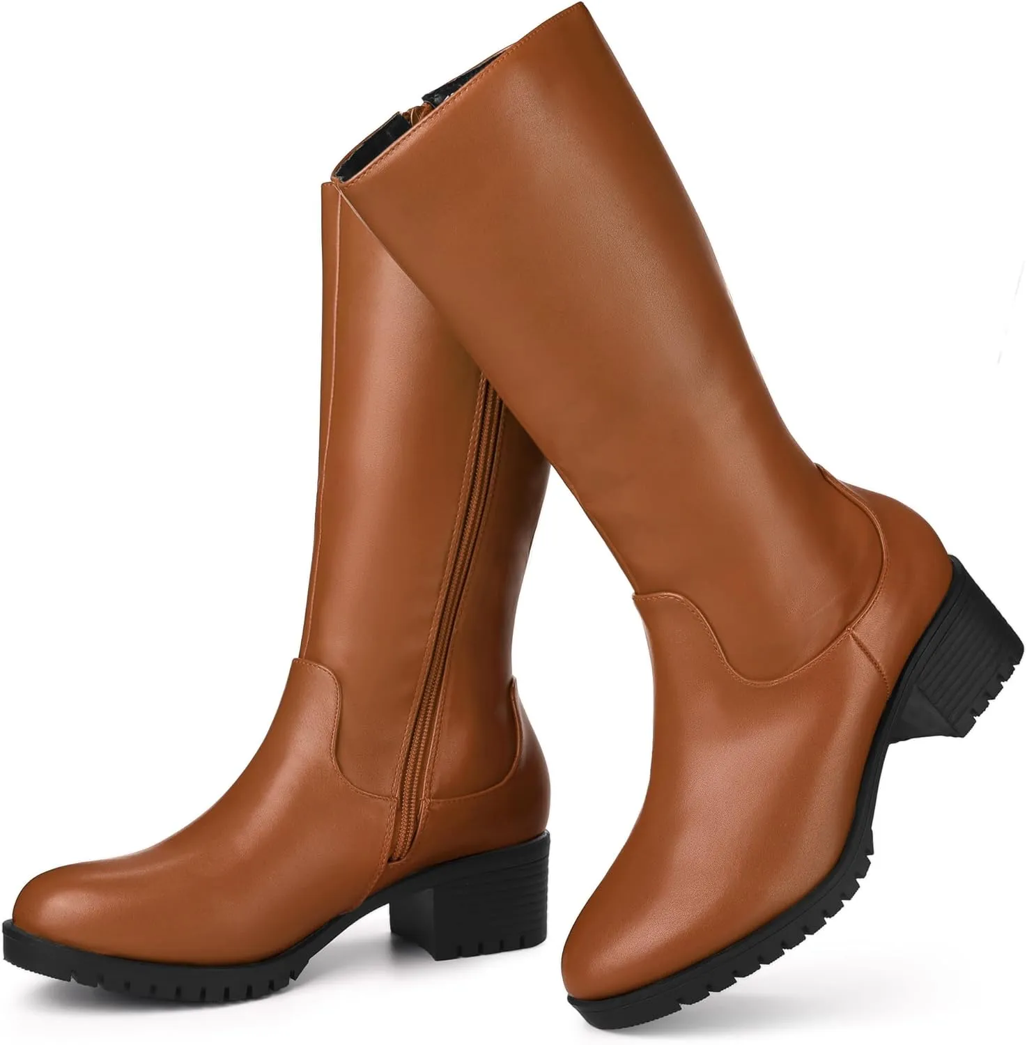 Perphy Riding Combat Boot Round Toe Chunky Heels Mid Calf Boots for Women