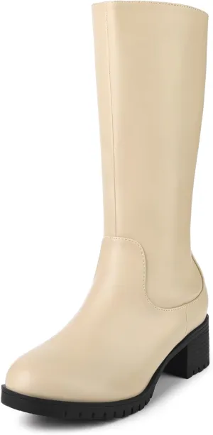 Perphy Riding Combat Boot Round Toe Chunky Heels Mid Calf Boots for Women