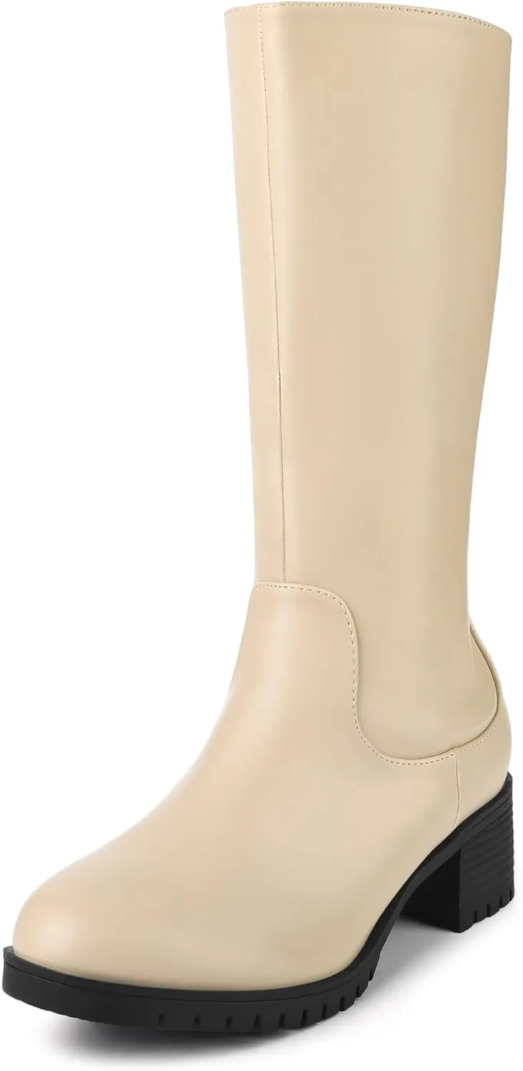 Perphy Riding Combat Boot Round Toe Chunky Heels Mid Calf Boots for Women