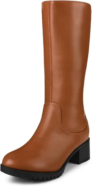 Perphy Riding Combat Boot Round Toe Chunky Heels Mid Calf Boots for Women
