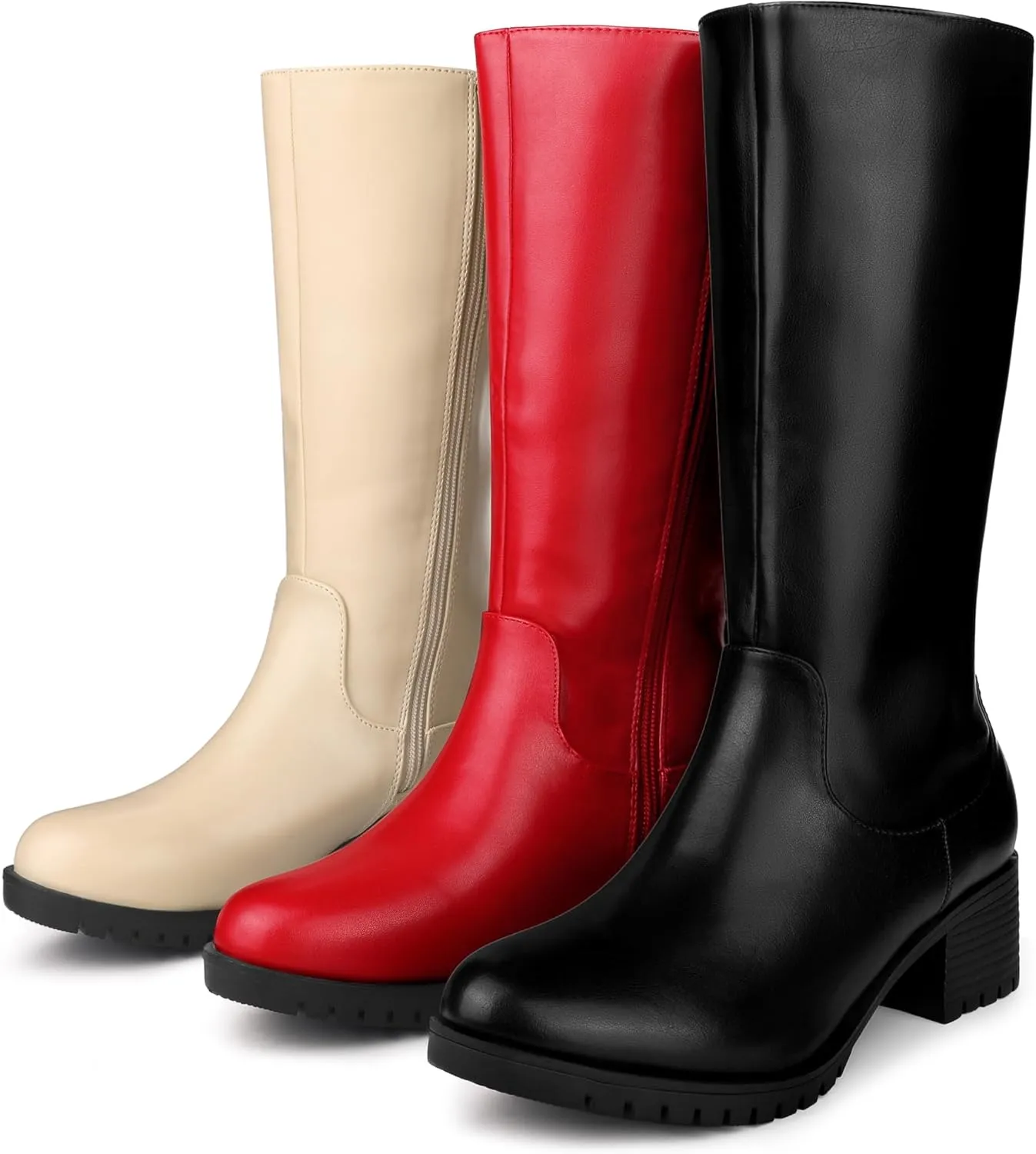 Perphy Riding Combat Boot Round Toe Chunky Heels Mid Calf Boots for Women