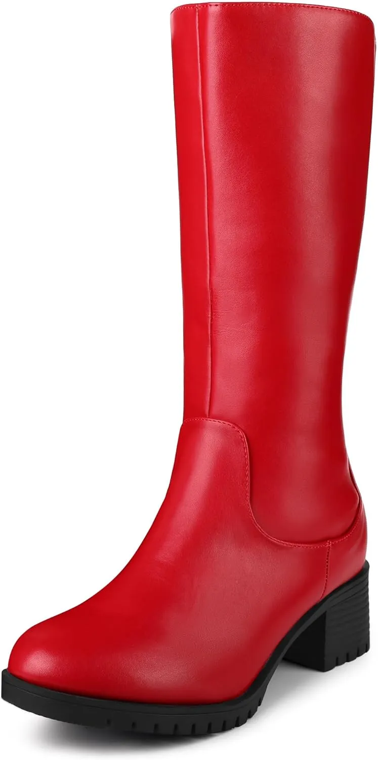 Perphy Riding Combat Boot Round Toe Chunky Heels Mid Calf Boots for Women