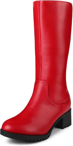 Perphy Riding Combat Boot Round Toe Chunky Heels Mid Calf Boots for Women