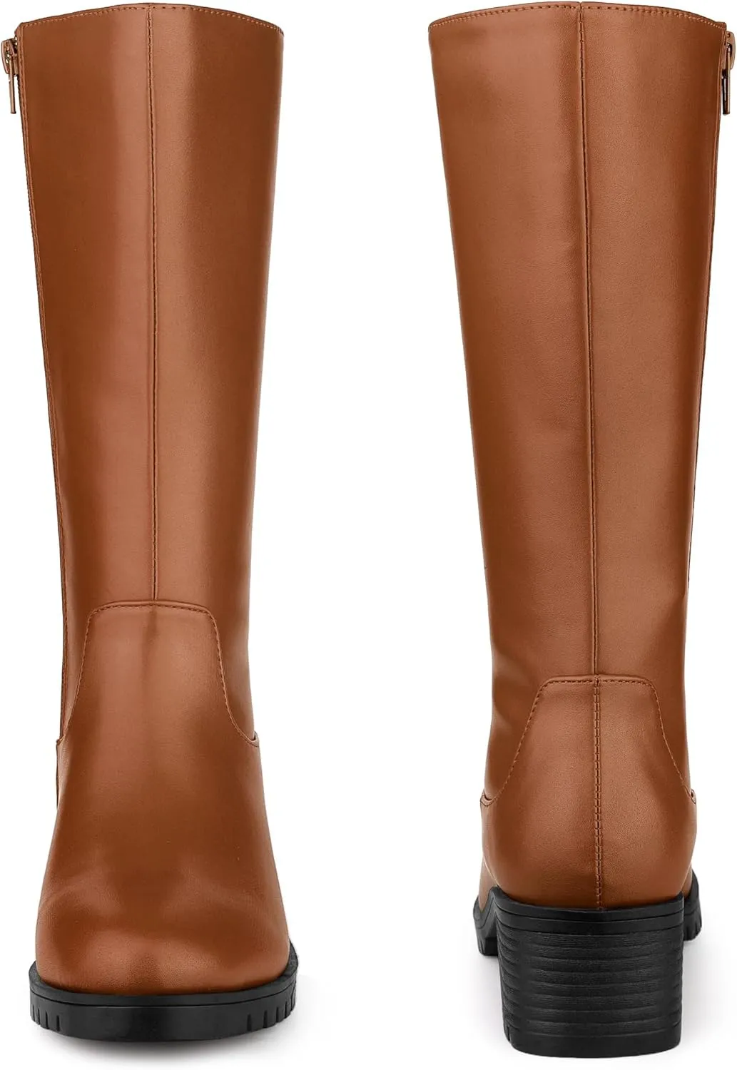 Perphy Riding Combat Boot Round Toe Chunky Heels Mid Calf Boots for Women
