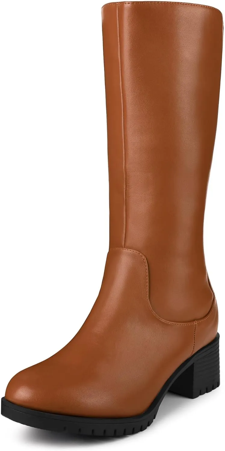 Perphy Riding Combat Boot Round Toe Chunky Heels Mid Calf Boots for Women
