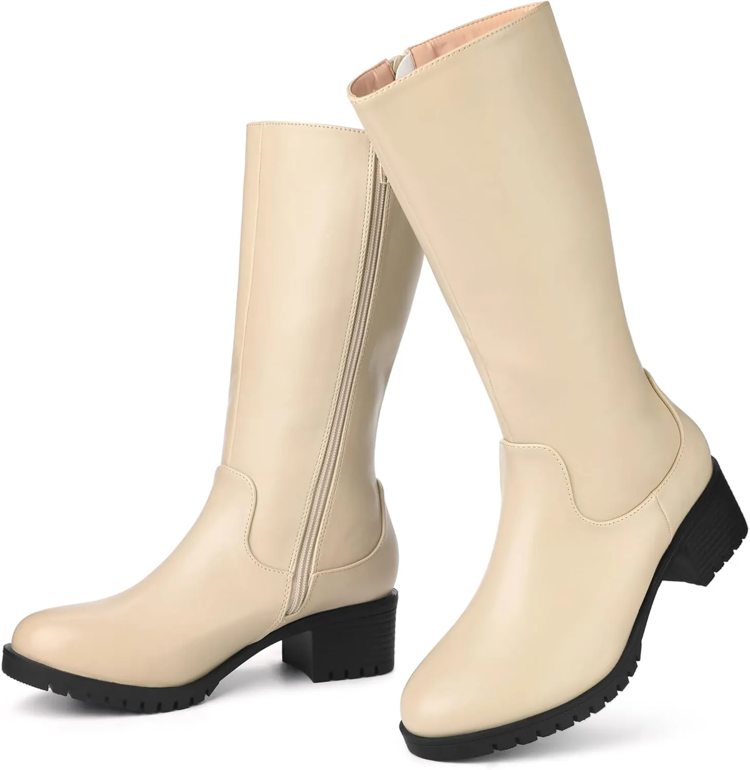 Perphy Riding Combat Boot Round Toe Chunky Heels Mid Calf Boots for Women