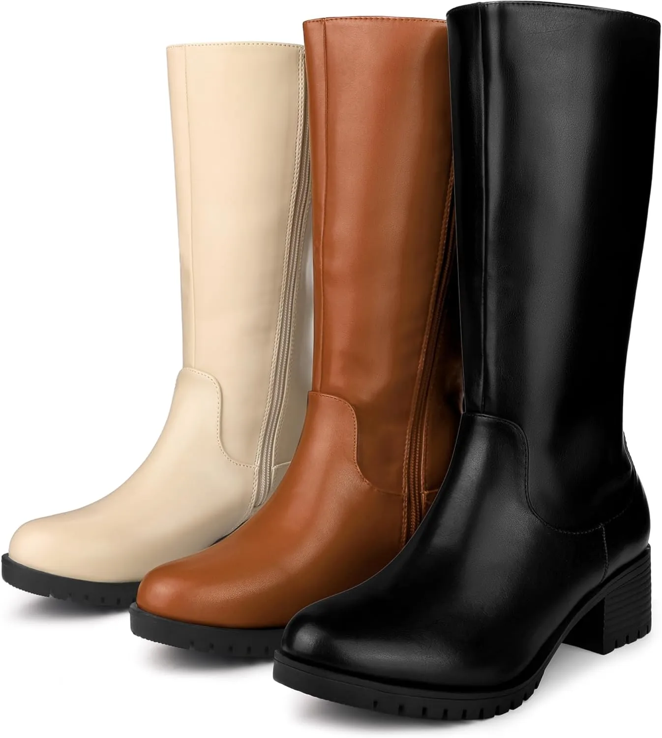 Perphy Riding Combat Boot Round Toe Chunky Heels Mid Calf Boots for Women
