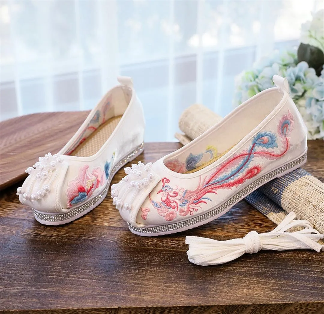 Phoenix Embroidered Women Velvet Cotton Platform Shoes With Pearls Knitted Retro Chinese Red Wedding Bridal Shoes