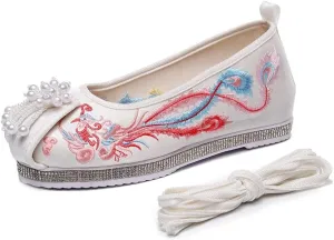 Phoenix Embroidered Women Velvet Cotton Platform Shoes With Pearls Knitted Retro Chinese Red Wedding Bridal Shoes