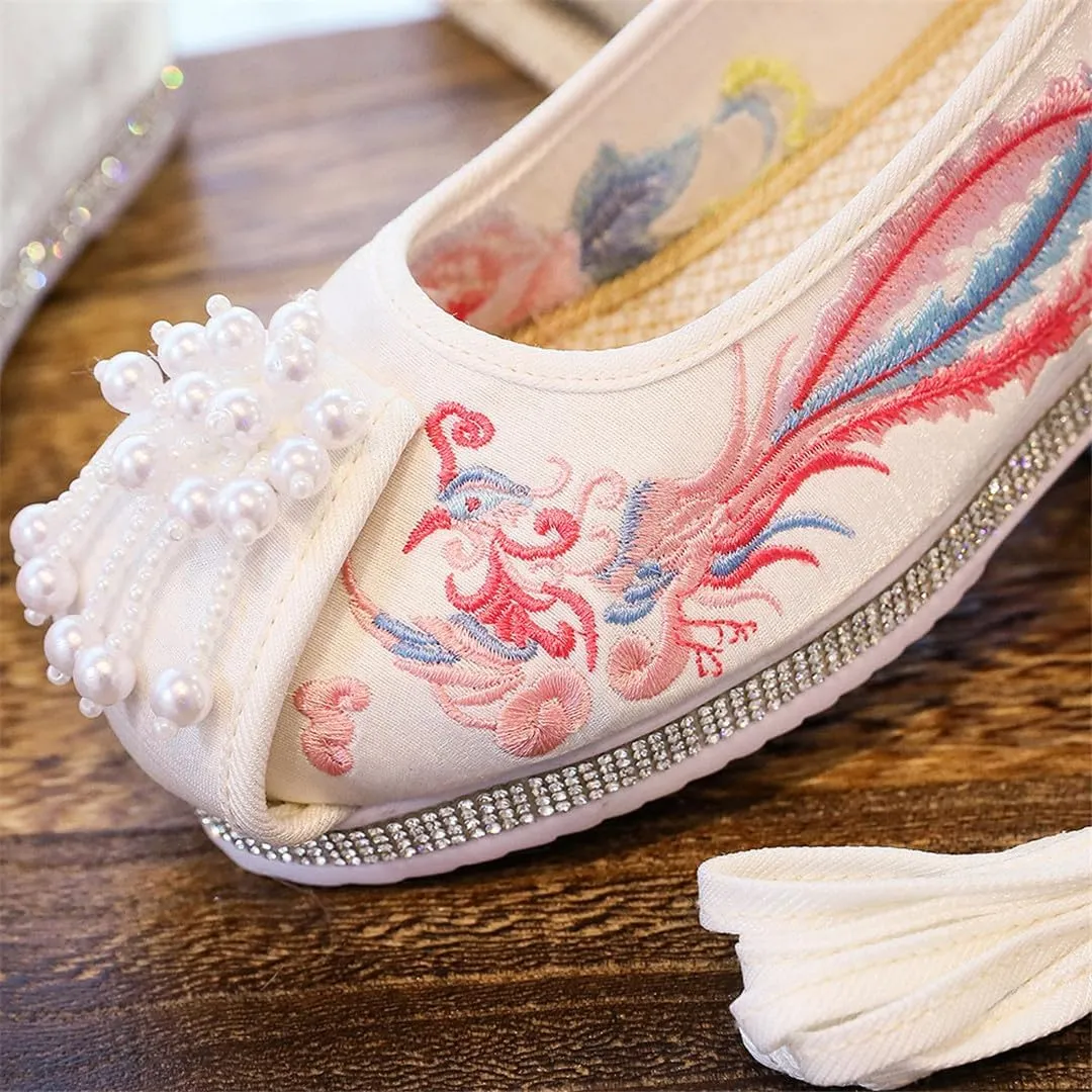 Phoenix Embroidered Women Velvet Cotton Platform Shoes With Pearls Knitted Retro Chinese Red Wedding Bridal Shoes