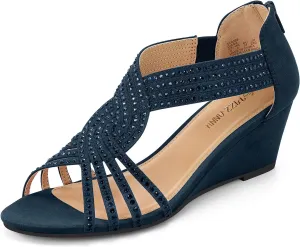 PIZZ ANNU Women's Diana Low Wedge Sandals Sparkly Rhinestone Open Toe Fashion Dress Shoes for Woman Lady in Bridal Dance Evening