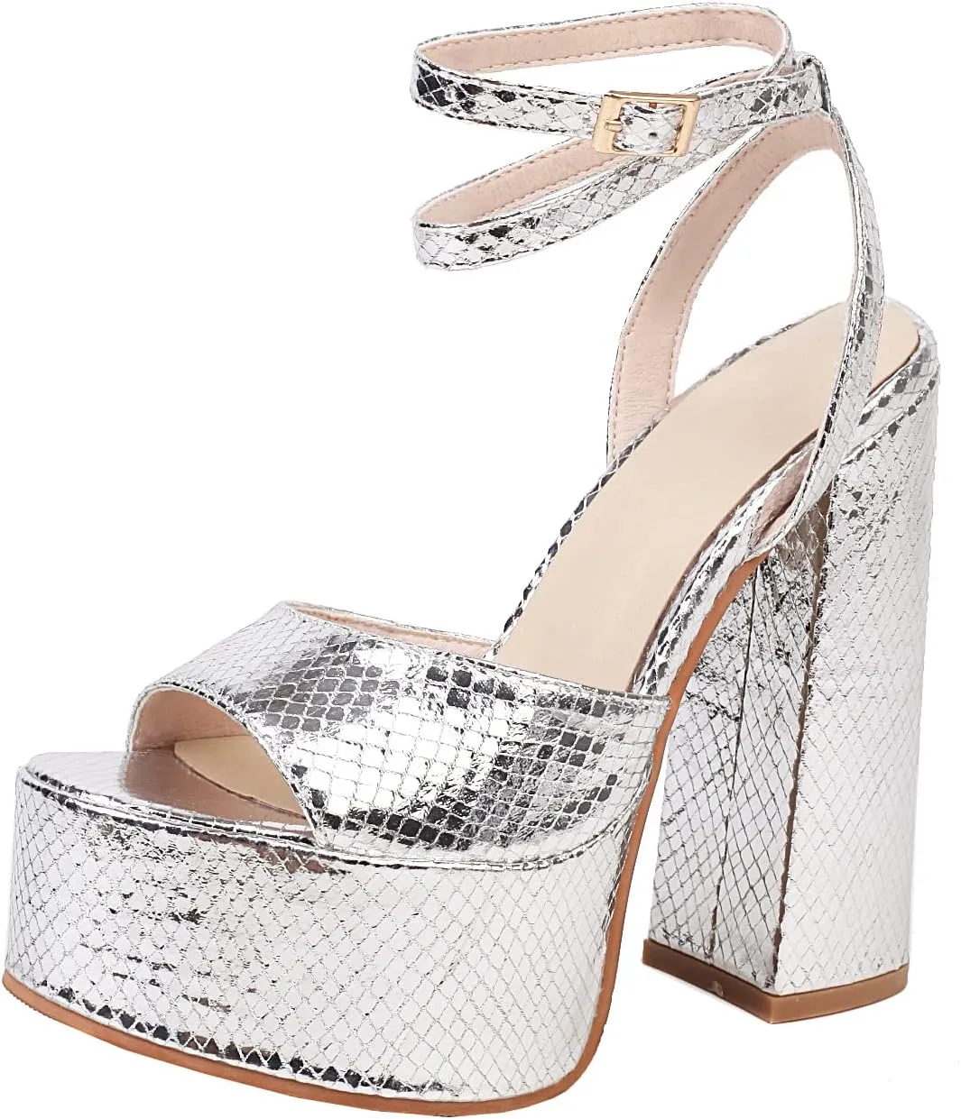 Platform Chunky High Heels Sandals Glitter Sparkle Shoes Metallic Snakeskin Open Toe Block Heel Ankle Wrap Adjustable Buckle Wedding Party Dress Pumps for Women
