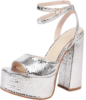Platform Chunky High Heels Sandals Glitter Sparkle Shoes Metallic Snakeskin Open Toe Block Heel Ankle Wrap Adjustable Buckle Wedding Party Dress Pumps for Women