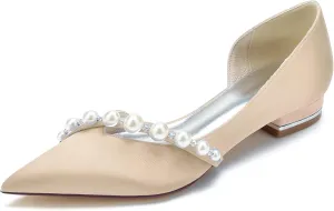 Pointed Toe Pearl Wedding Flats Comfortable Low Heels Slip On Champagne Wedding Shoes for Bride Satin Bridal Shoes Dress Pumps for Women