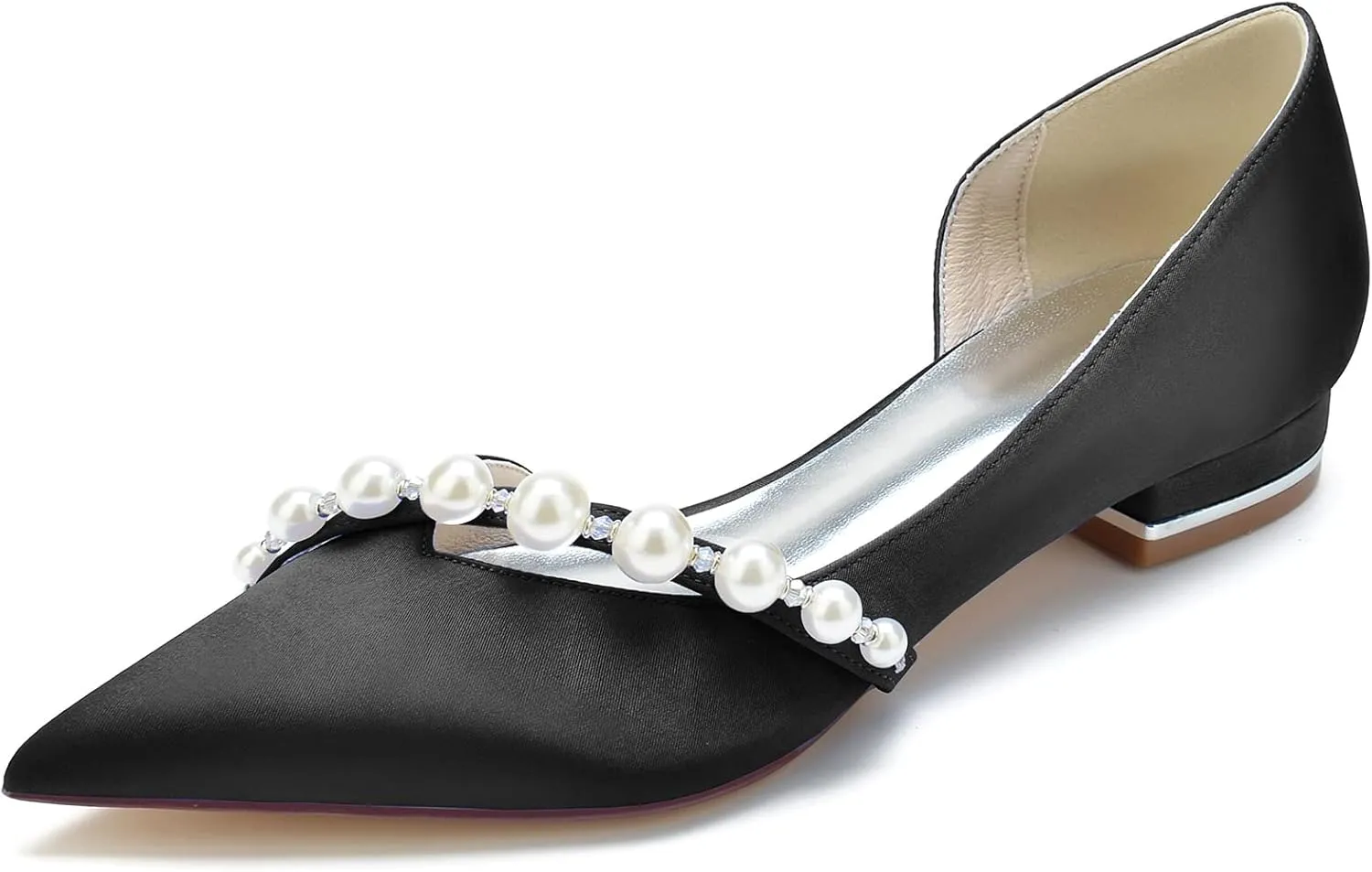 Pointed Toe Pearl Wedding Flats Comfortable Low Heels Slip On Champagne Wedding Shoes for Bride Satin Bridal Shoes Dress Pumps for Women