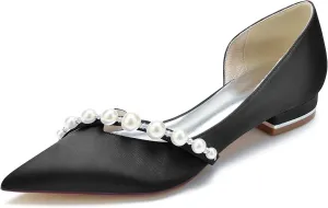 Pointed Toe Pearl Wedding Flats Comfortable Low Heels Slip On Champagne Wedding Shoes for Bride Satin Bridal Shoes Dress Pumps for Women