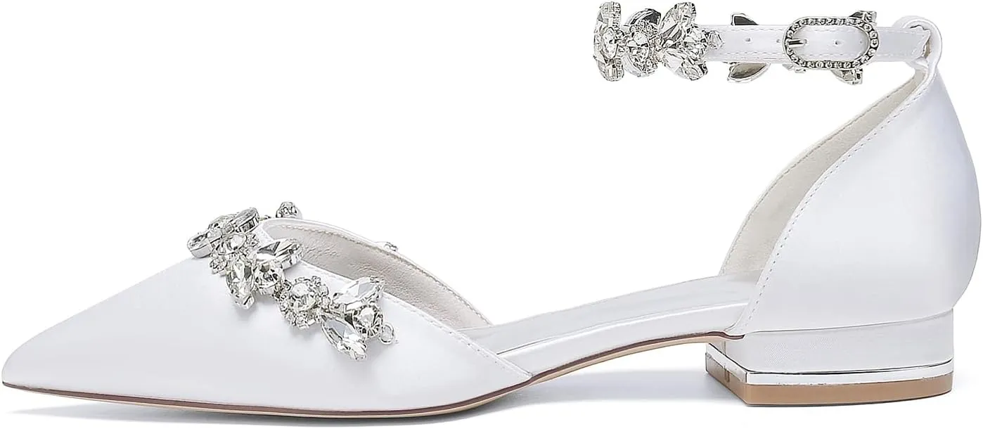 Pointed Toe Satin Wedding Flats for Bride Comfortable Rhinestones White Wedding Shoes Low Heels Bridal Flats Evening Prom Party Dress Shoes Pumps for Women