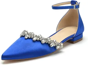 Pointed Toe Satin Wedding Flats for Bride Comfortable Rhinestones White Wedding Shoes Low Heels Bridal Flats Evening Prom Party Dress Shoes Pumps for Women