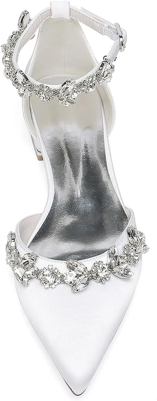 Pointed Toe Satin Wedding Flats for Bride Comfortable Rhinestones White Wedding Shoes Low Heels Bridal Flats Evening Prom Party Dress Shoes Pumps for Women