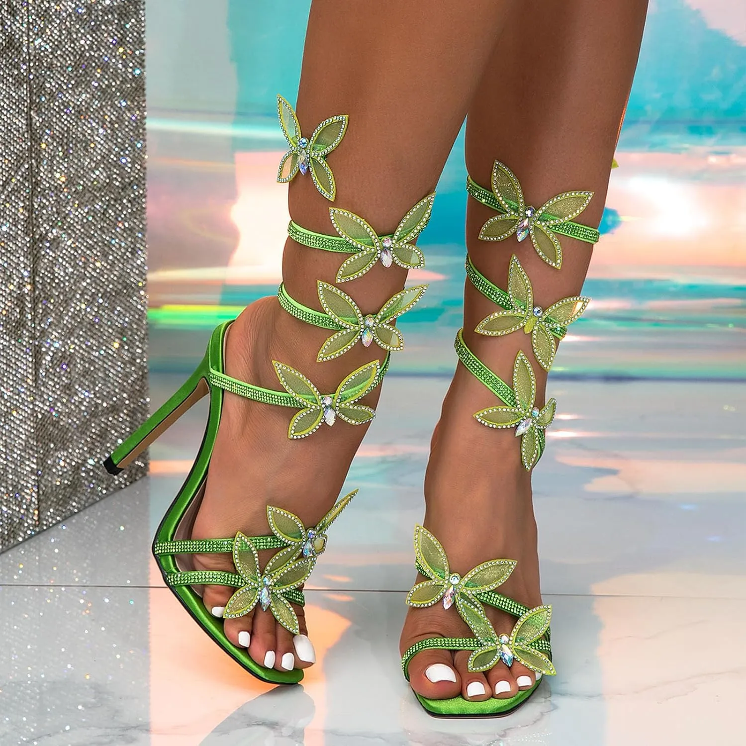 Rhinestone Butterfly Wrap Around Stiletto Heels for Women Sparkly Sandals Open Square Toe Strappy High Heels Sandals