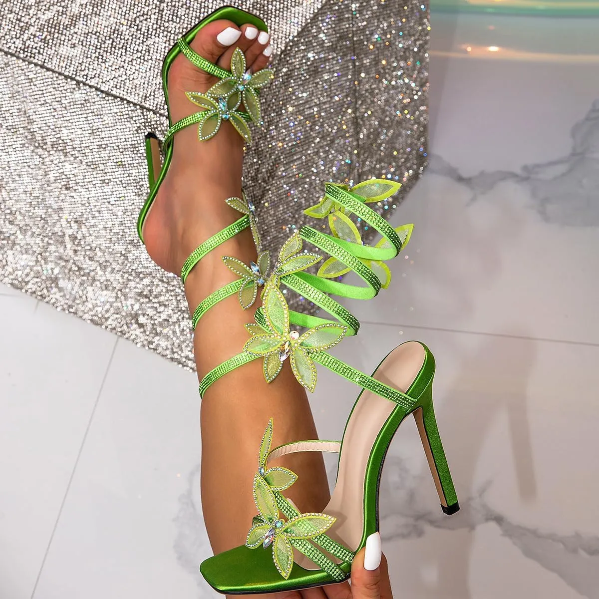 Rhinestone Butterfly Wrap Around Stiletto Heels for Women Sparkly Sandals Open Square Toe Strappy High Heels Sandals