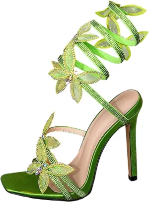Rhinestone Butterfly Wrap Around Stiletto Heels for Women Sparkly Sandals Open Square Toe Strappy High Heels Sandals