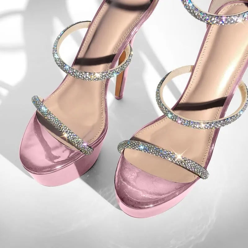 richealnini Platform Heel for Women Crystal Sandals with Rhinestone Straps Buckle Stiletto High Heels