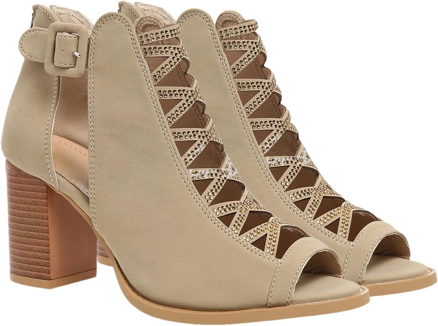 rismart Chunky Heeled Sandals for Women Peep Toe Rhinestone Cutout Crisscross Summer Ankle Bootie